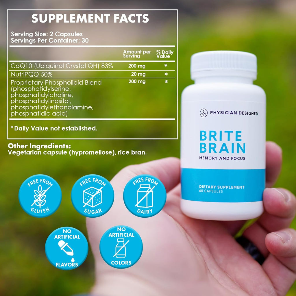 Physician Designed Brite Brain Supplement | Ultra CoQ10 with PQQ | for Energy, Focus & Brain Health | Micro Active | Anti-Aging| CoQ10 | All Ages | 60 Capsules