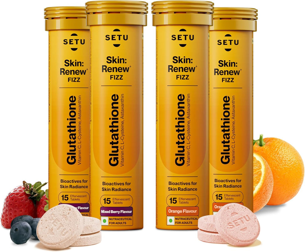 SETU Glutathione Effervescent Tablets with 500mg L-Glutathione & Vitamin C | Sugar-Free Antioxidant Supplement | Mixed Berry & Orange (Pack of 4)