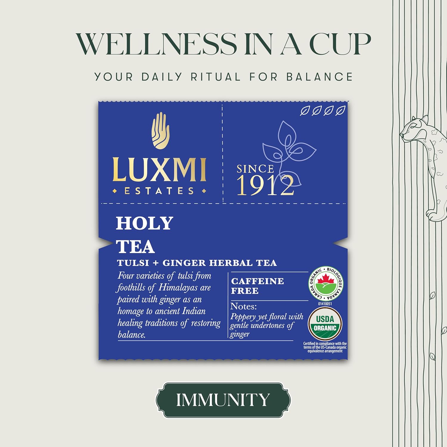 Luxmi Estates, Organic Tulsi Tea, 50 Tea Bags, Caffeine Free, Non-GM and Organic, for Immunity, Inflammation, and Stress Relief