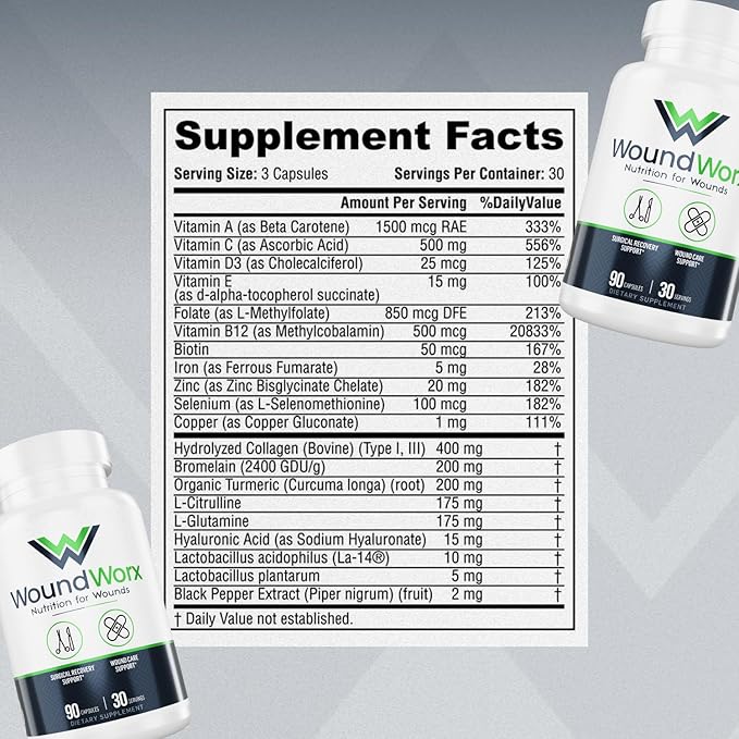 Free Life Labs WoundWorx Nutrition-Scar and Surgery Support, Wound Care, General and Plastic Surgery, Faster Healing w/Vitamins, Amino Acids, Collagen, Probiotics, Turmeric, Bromelain-90 caps