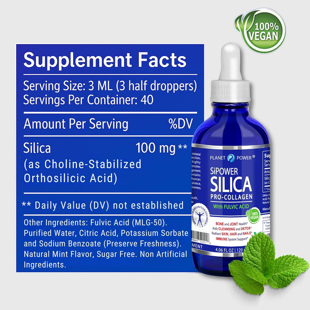 SiPower Silica Vegan Collagen, Supplement Drops-Liquid Mineral Orthosilicic Acid (CH-OSA) + Fulvic Acid. Natural Collagen Booster for Joints, Bones, Hair, Skin, Nails, Immune & Digestive Health-4oz