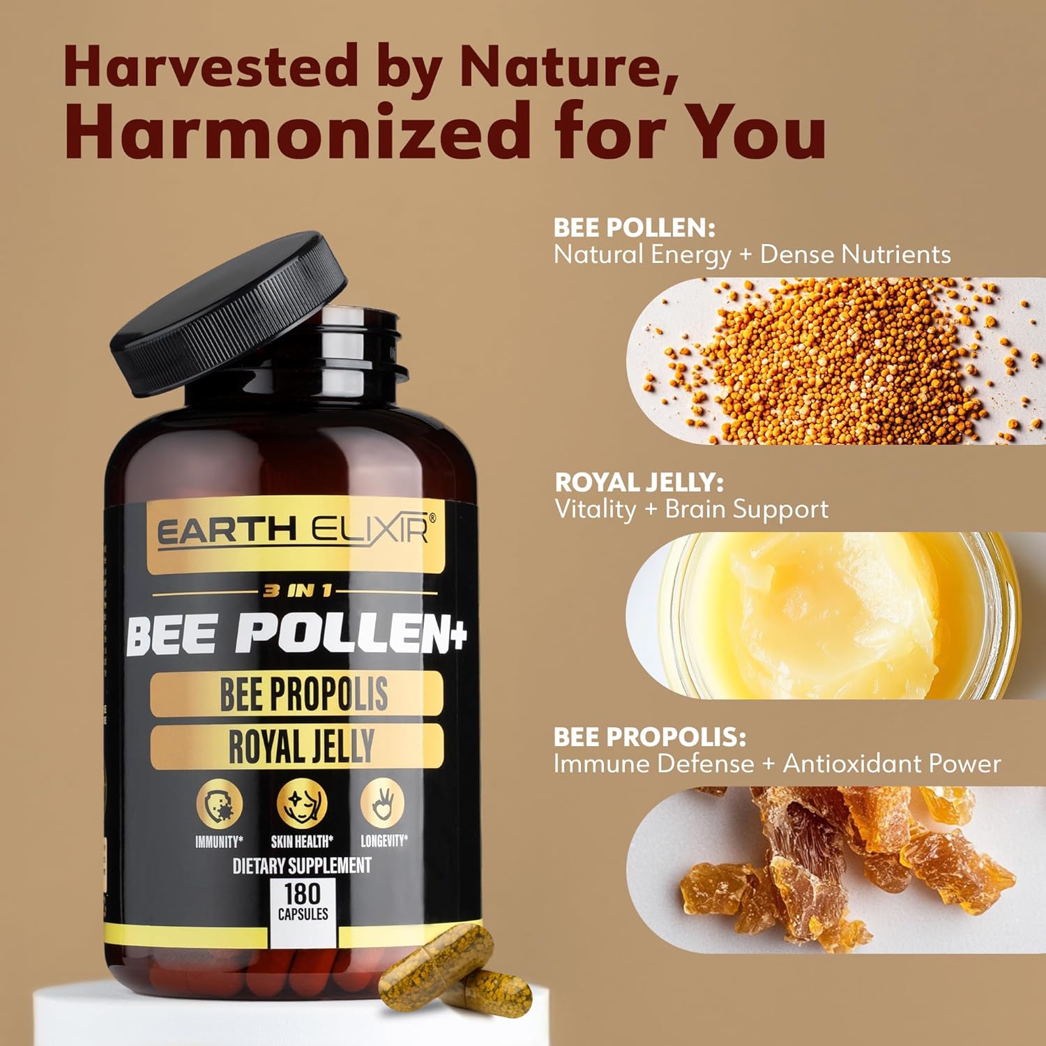 3-in-1 Organic Bee Pollen Capsule – Non-GMO, Pure Raw Bee Pollen, Royal Jelly, Propolis Extract for Women & Men – Natural Energy, Immune & Vitality Support – 180 Propolis Capsules