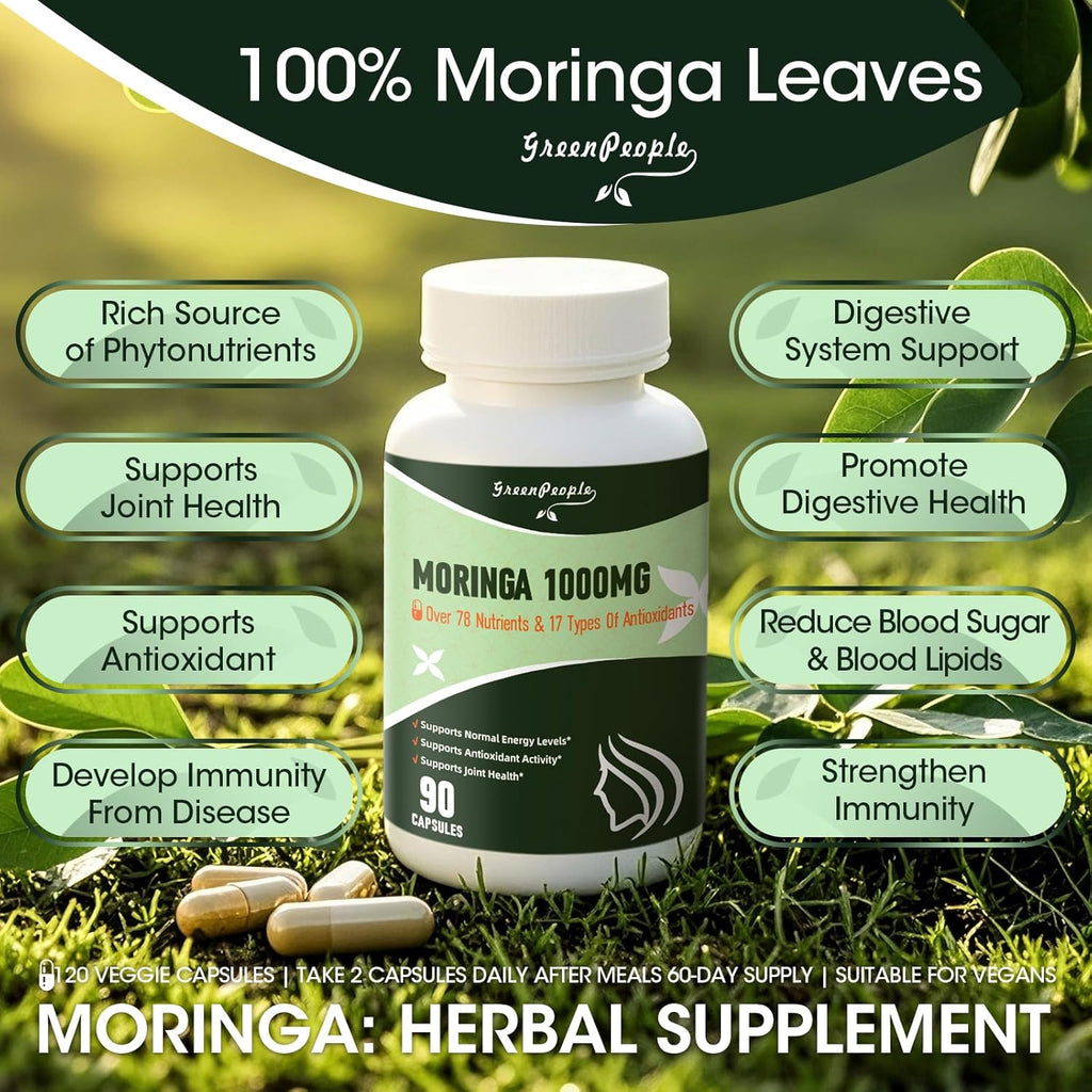Moringa Capsules,Rich Moringa Powder with Turmeric & Ginger,A Natural Green Antioxidant Superfood - Supports Energy,Skin Health,Gut Health,60pcs 2packs