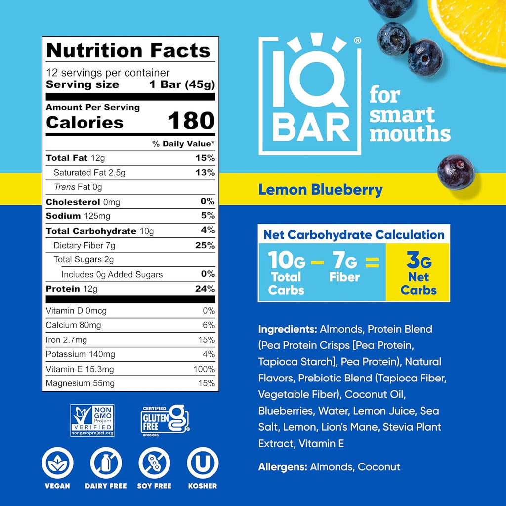 IQBAR Brain and Body Plant Protein Bars - Lemon Blueberry - 12-Count - Keto, Vegan, Low Carb, High Fiber, Gluten Free, Dairy Free, Low Sugar Snack with Nutrients for Focus, Energy, Meal Replacement