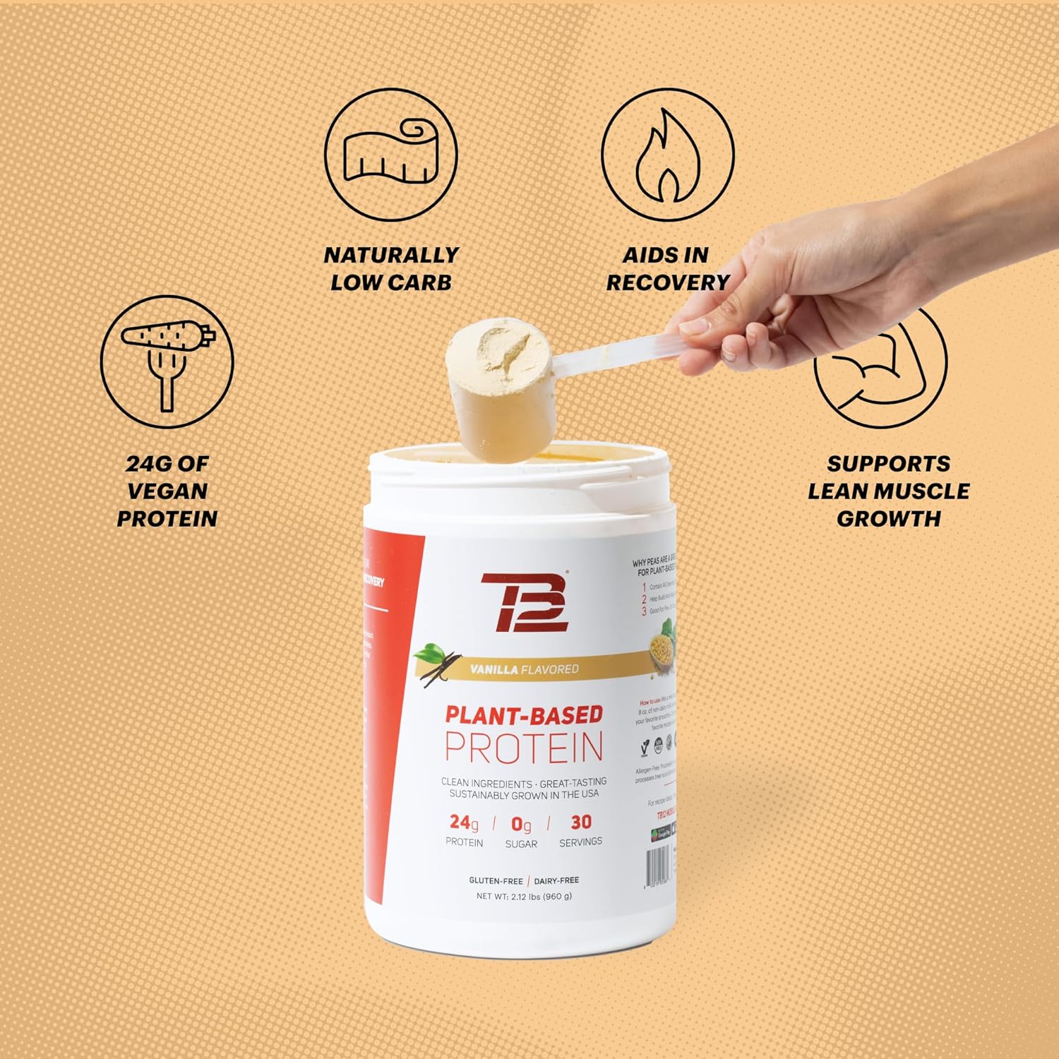 TB12 Plant Based Protein Powder by Tom Brady, 24g of Vegan Pea Protein, Low Sugar, Low Carb, Non-GMO, Meal Replacement, Keto Friendly, Paleo, Sugar Free, Vanilla Flavor (30 Servings/2.12lbs)