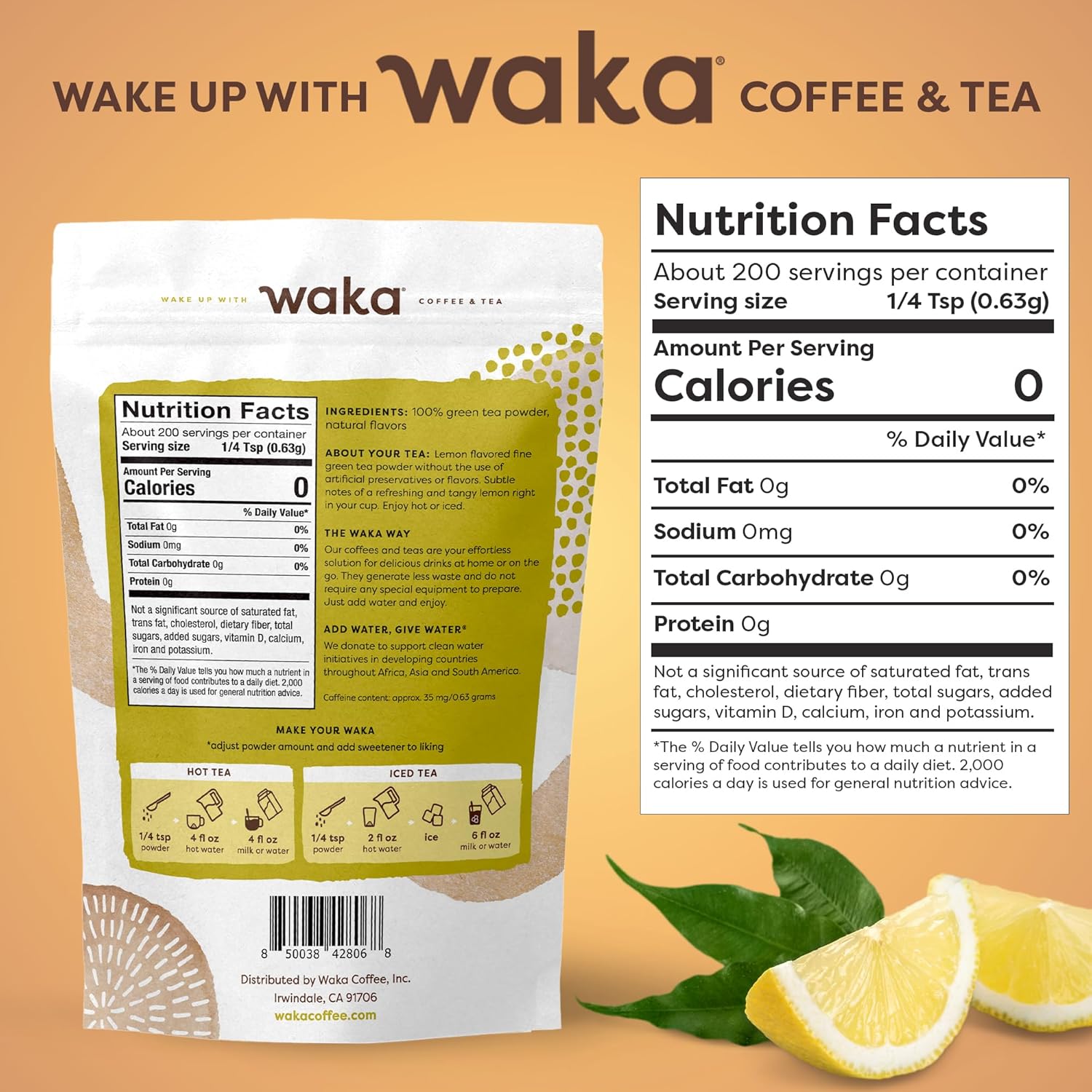 Waka Instant Green Tea Mix, Lemon Flavored - 100% Tea Leaves, No Additives, Unsweetened Tea Powder in Bulk Pouch – Easy Quick Hot and Iced Teas, Up to 200 Cups (4.5oz)