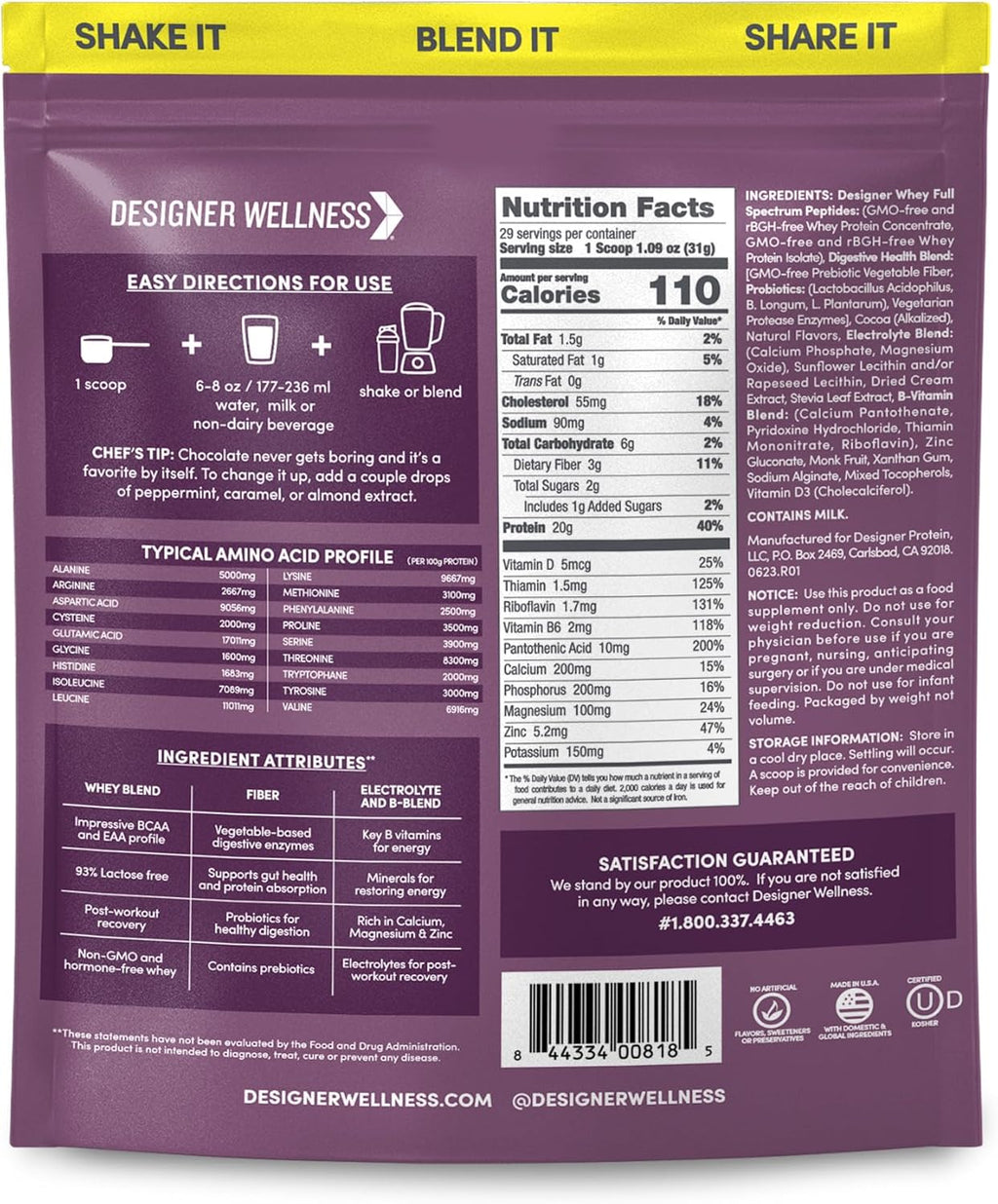 Designer Wellness, Designer Whey, Natural Whey Protein Powder with Probiotics, Fiber, and Key B-Vitamins for Energy, Gluten-Free & Kosher, Double Chocolate, 2 lb
