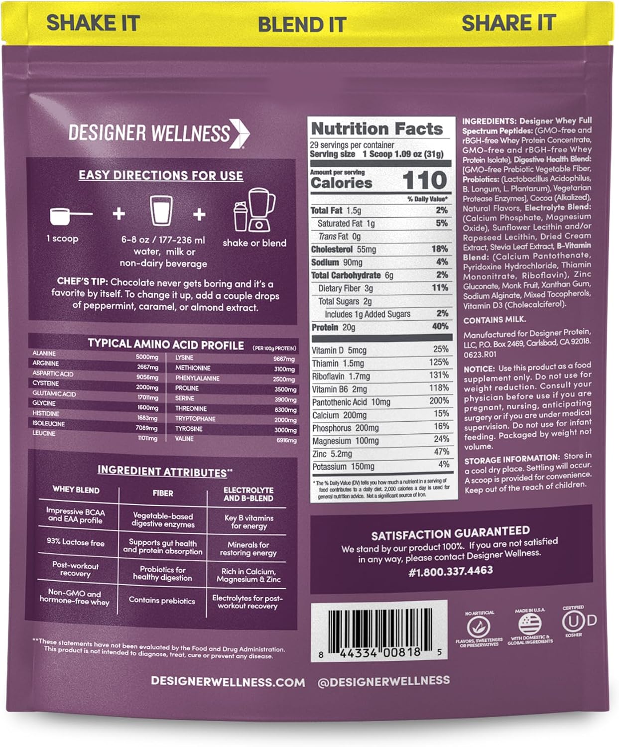Designer Wellness, Designer Whey, Natural Whey Protein Powder with Probiotics, Fiber, and Key B-Vitamins for Energy, Gluten-Free & Kosher, Double Chocolate, 2 lb