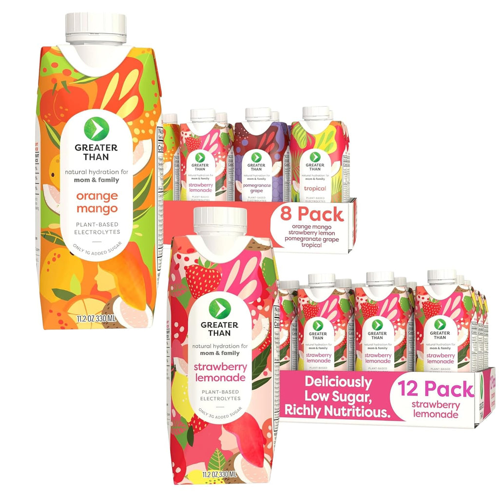 Greater Than Lactation Supplement Support, Coconut Water, Vitamins & Electrolyte Drink for Breastfeeding, Breast Milk & Immune Support, Variety Pack & Strawberry Lemonade (20 Pack)
