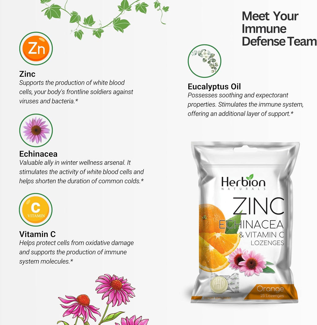 HERBION Naturals Zinc, Echinacea & Vitamin C Lozenges 25 CT, Dietary Supplement for Adults & Children 5+, Promotes Wellness for The Whole Family, 125 Count, Orange, Pack of 5