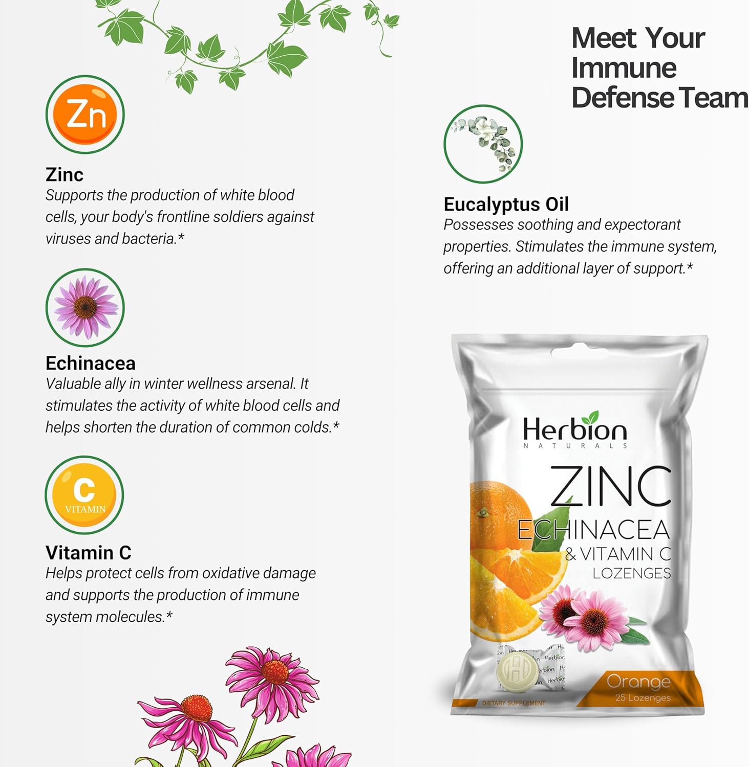 HERBION Naturals Zinc, Echinacea & Vitamin C Lozenges 25 CT, Dietary Supplement for Adults & Children 5+, Promotes Wellness for The Whole Family, 125 Count, Orange, Pack of 5