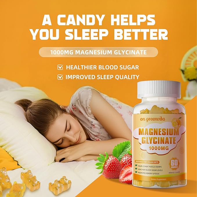 Magnesium Glycinate Gummies 1000mg - Sugar Free Magnesium Potassium Supplement with Vitamin D, B6, CoQ10 for Calm Mood & Sleep Support - 60 Orange Gummies