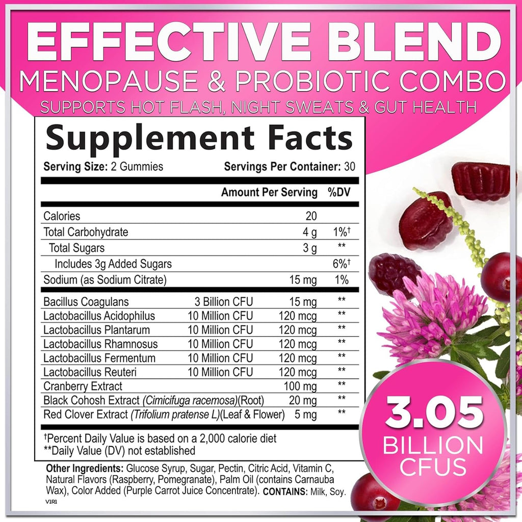 Menopause Supplements for Women Gummies with Black Cohosh, Cranberry 3 Billion CFU Probiotics - Complete Menopause Balance Relief for Hot Flashes, Night Sweats, PH, Vaginal Health Support - 60 Gummies