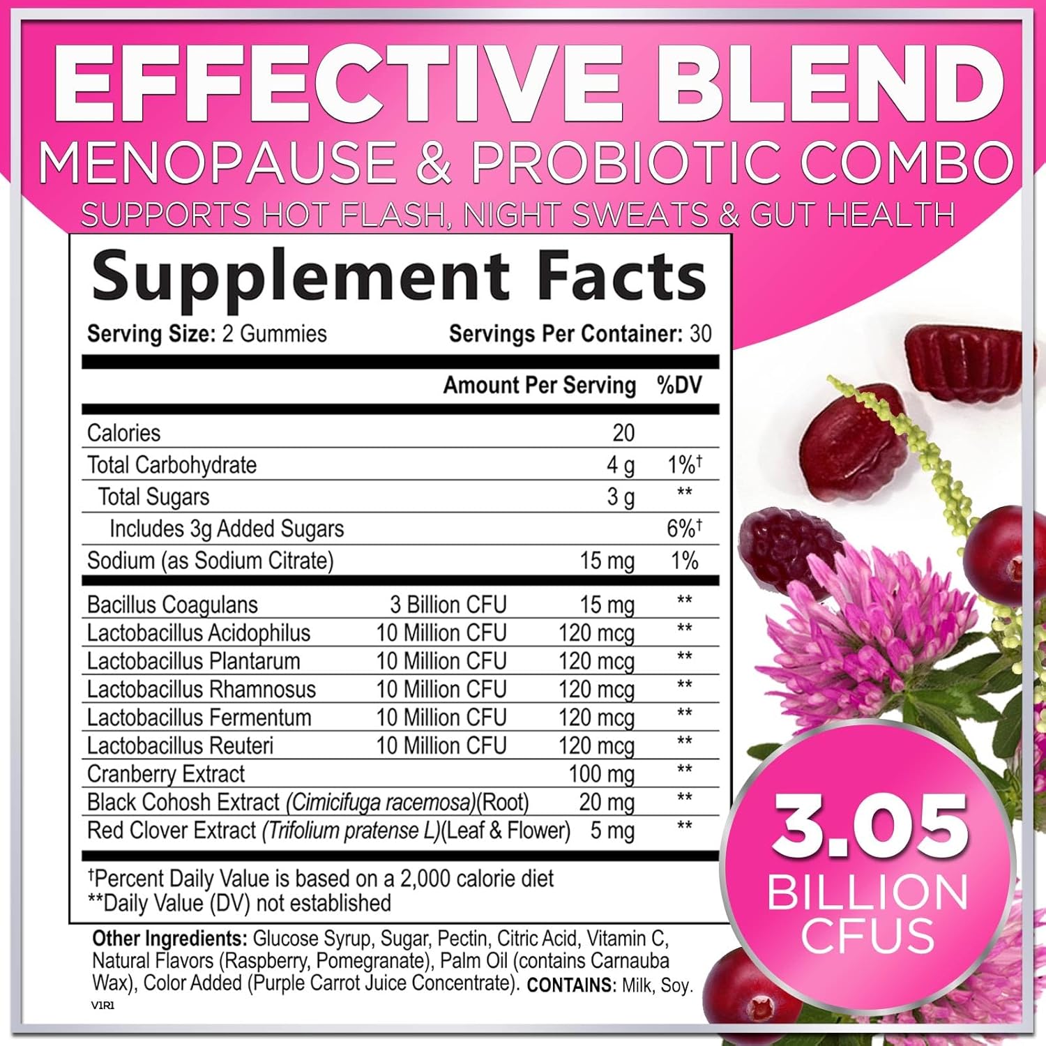 Menopause Supplements for Women Gummies with Black Cohosh, Cranberry 3 Billion CFU Probiotics - Complete Menopause Balance Relief for Hot Flashes, Night Sweats, PH, Vaginal Health Support - 60 Gummies