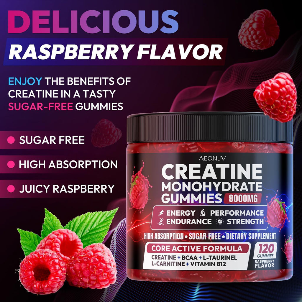 Creatine Gummies Monohydrate Complex 9000MG, Pre-Workout for Men & Women, Creatine Gummy with L-Taurine, BCAA 2:1, B12/6 for Muscle Support, Enhance Strength, Energy Boost-120 Count