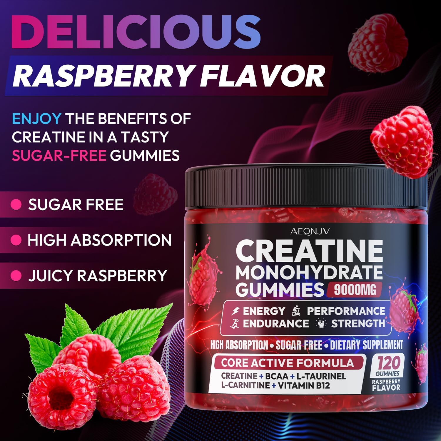 Creatine Gummies Monohydrate Complex 9000MG, Pre-Workout for Men & Women, Creatine Gummy with L-Taurine, BCAA 2:1, B12/6 for Muscle Support, Enhance Strength, Energy Boost-120 Count