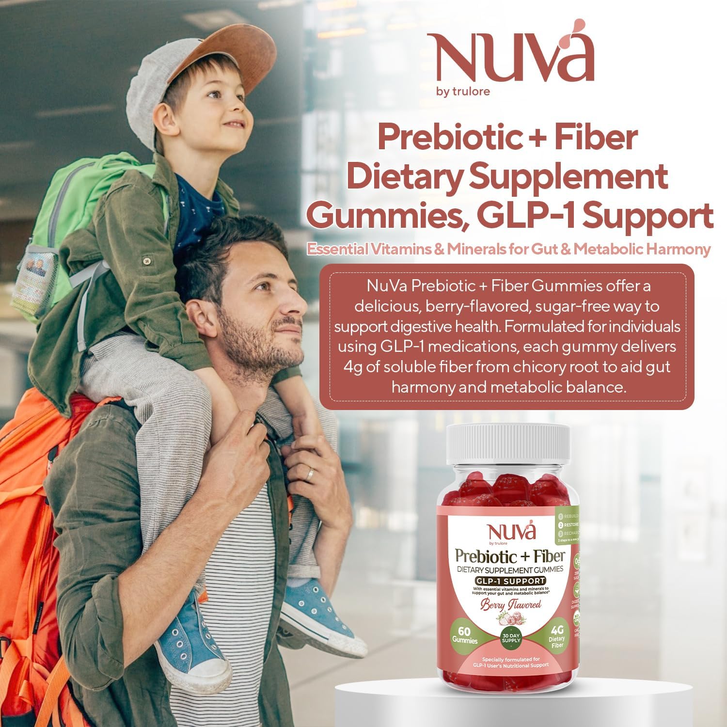 NuVa by Trulore Prebiotic + Fiber Gummies | GLP-1 User Nutritional Support | Sugar Free Fiber Gummies for Adults | Berry Flavor | Non-GMO Digestive Balance for Men & Women | 60 Gummies - 30 day Supply
