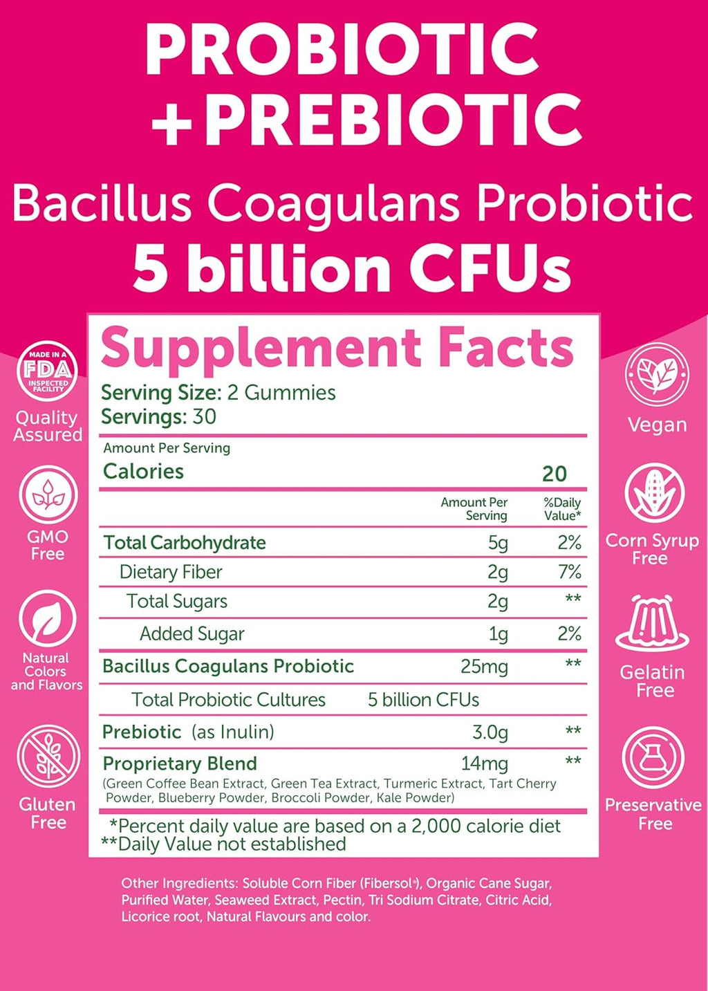 Lunakai USA Made Prebiotic + Probiotic Gummies for Women and Men - High Potency 5 Billion CFUs with Fibers - Non-GMO Gut Health Support 60ct