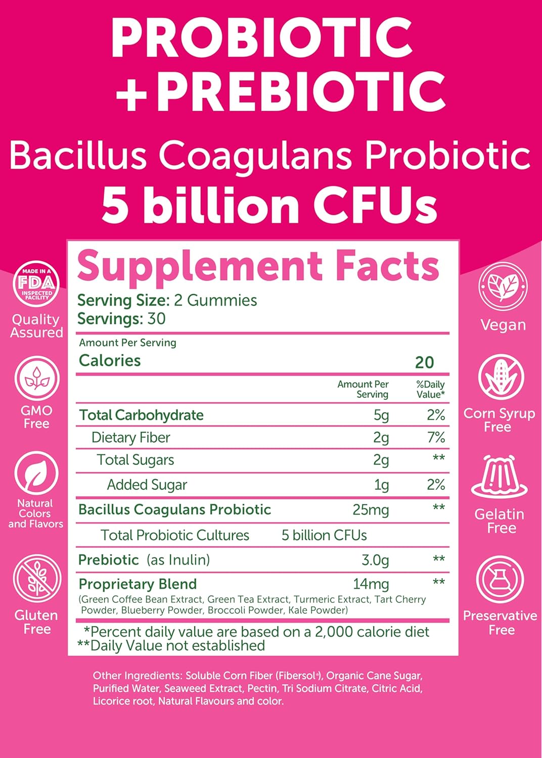 Lunakai USA Made Prebiotic + Probiotic Gummies for Women and Men - High Potency 5 Billion CFUs with Fibers - Non-GMO Gut Health Support 60ct