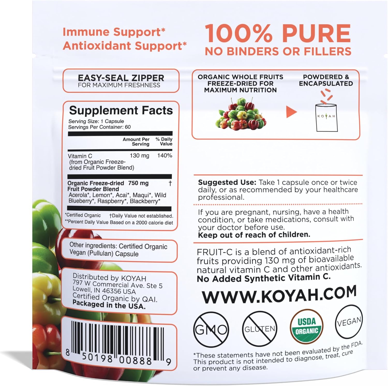 KOYAH Fruit-C - Organic Vitamin C Capsules - from Acerola Cherries, 100% Whole Fruits, 130 mg Vitamin C, Freeze-Dried, No Extracts - Whole-Food, Vegan, Non-GMO, 3rd Party Tested, 60 Capsules