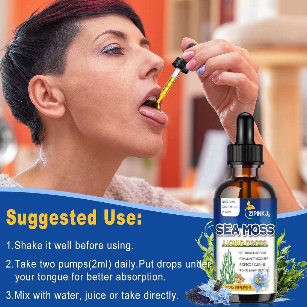 Sea Moss Drops, Irish Liquid Sea Moss Gel Supplement with Black Seed Oil, Shilajit, Elderberry, Burdock Root, Spirulina, Bladderwrack for Digestion Health, Non-GMO, 2 Fl Oz