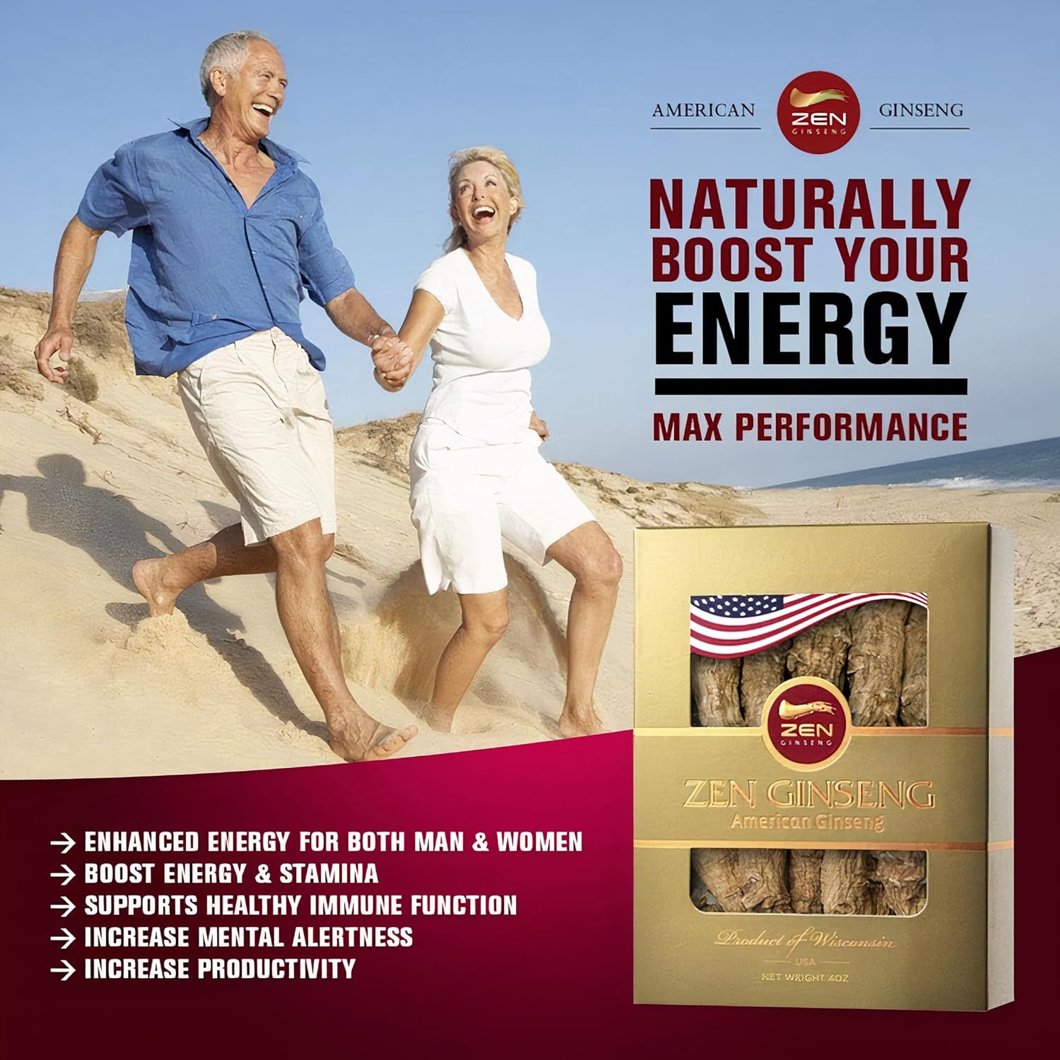 4 Boxes of Premium Large American Ginseng Root (4oz per Box) - Non-GMO, Gluten Free Wisconsin Ginseng. Boosts Immunity, Energy & Stamina for Man & Women