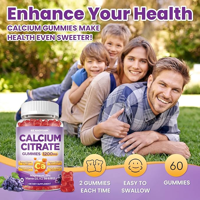 Calcium Citrate Gummies - 1200mg Calcium Gummies Supplements for Women & Men with Vitamin D3, K2, Magnesium, Zinc High Absorption for Bone, Muscle & Immune Support, Grape Flavor, 60 Count