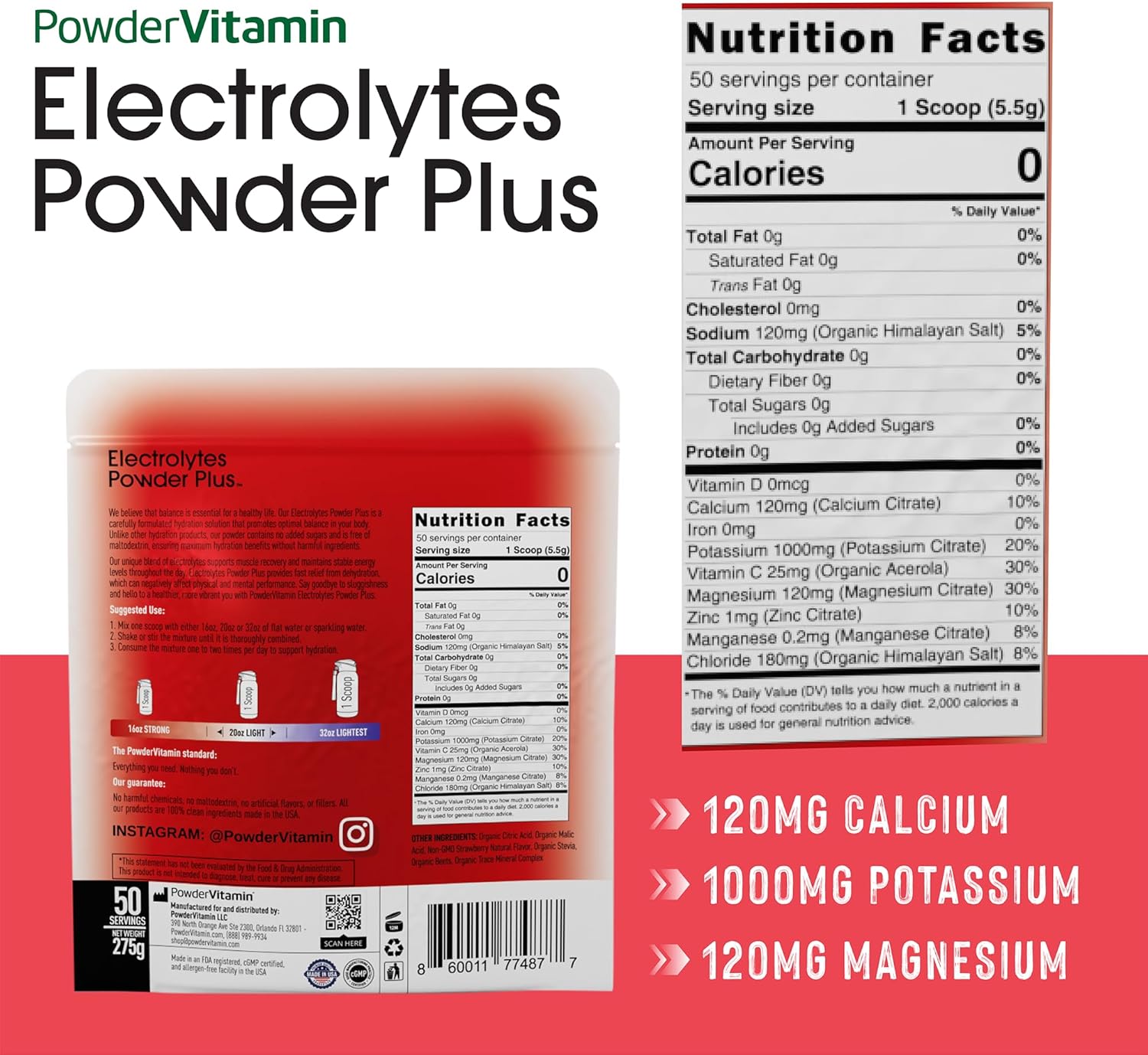 PowderVitamin Electrolytes Powder Plus Keto, Strawberry (50 Servings) 0 Sugar, No Maltodextrin,1000mg Potassium,120mg Calcium,120mg Magnesium,Organic Vitamin C,Zero Calories, Energy Hydration Powder