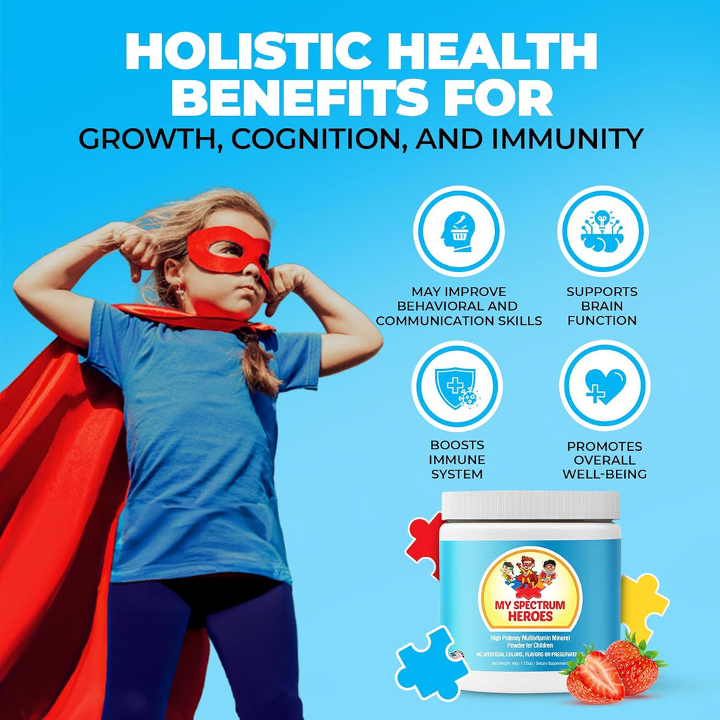 Kids Powder Multivitamin - Strawberry Powder Supplement, Better Absorption, Non-GMO, Non-Gluten, No Artificial Ingredients - Neural Help for Children on The Spectrum - 30 Servings