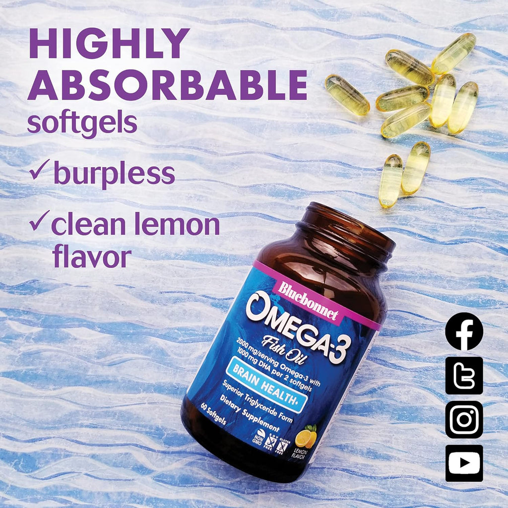 BlueBonnet Nutrition Omega-3 Brain Formula Natural Wild Caught Triglyceride Form DHA 1000 mg EPA 210 mg, Highly Concentrated Cognitive Health & Wellness Support Supplement, Gluten-Free Softgel, Yellow/Clear, Lemon, 120 Count