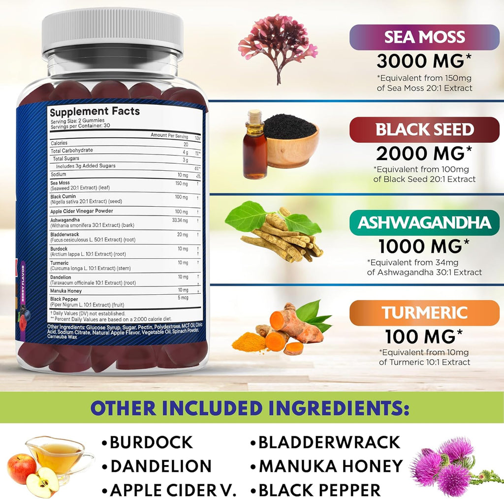 Sea Moss Gummies, Sea Moss, Black Seed, Ashwagandha, Turmeric, Manuka Honey, ACV, Dandelion, Black Pepper, Burdock, Bladderwrack, Vegan - 60 Count
