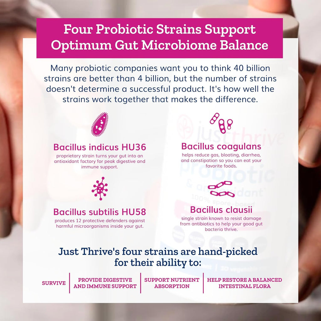 Just Thrive Probiotic & Antioxidant Supplement - 100% Spore-Based Digestive and Immune Support - Gluten Free, 30 Caps
