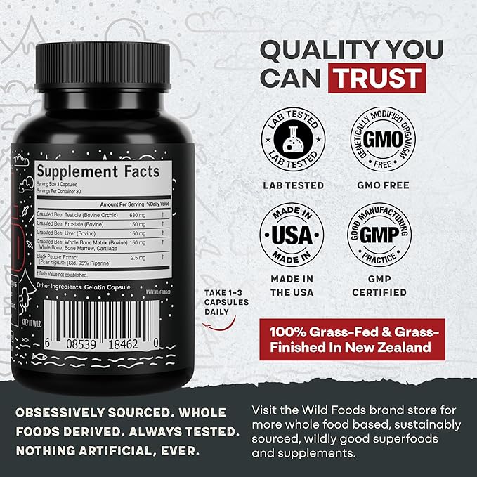 Wild Grass Fed Beef Organ Supplement for Men - Complete Ancestral Nutrition Complex with Beef Liver, Testicle, Prostate & Bone Matrix - Organ Meat Supplements - 30 Day Supply