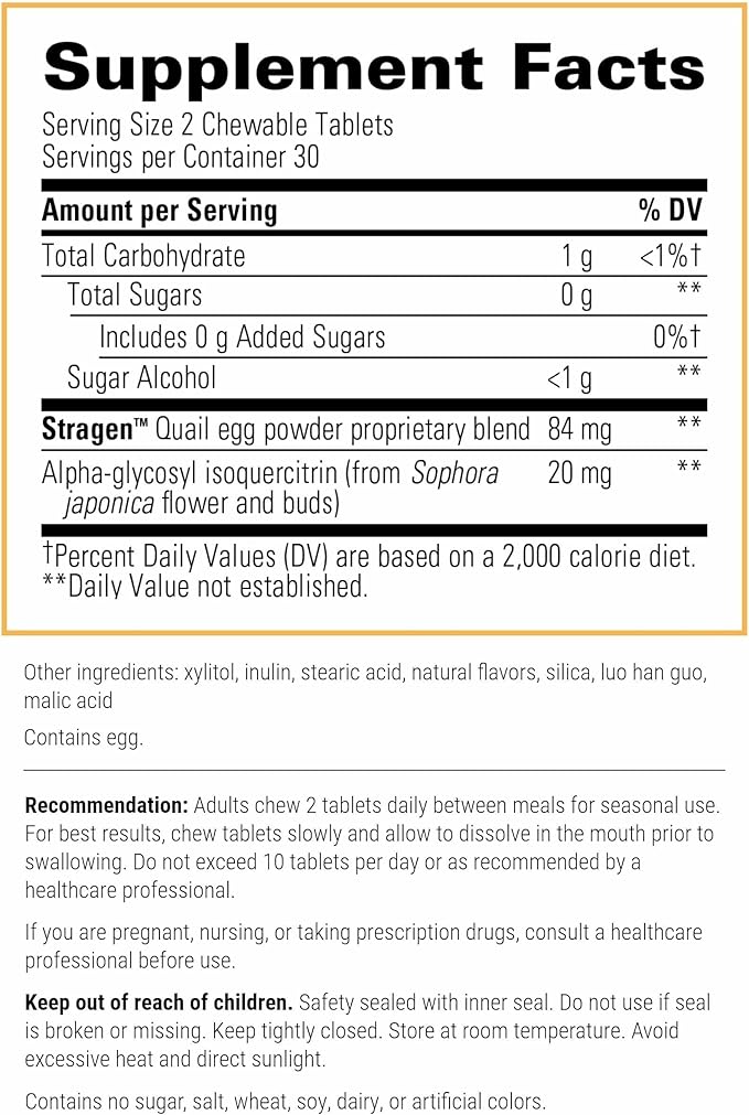 Integrative Therapeutics AllQlear - Seasonal Supplement for Immune Support *- Quail Egg Powder Blend - Dairy-Free - Berry Flavored, 60 Chewable Tablets (30 Servings)