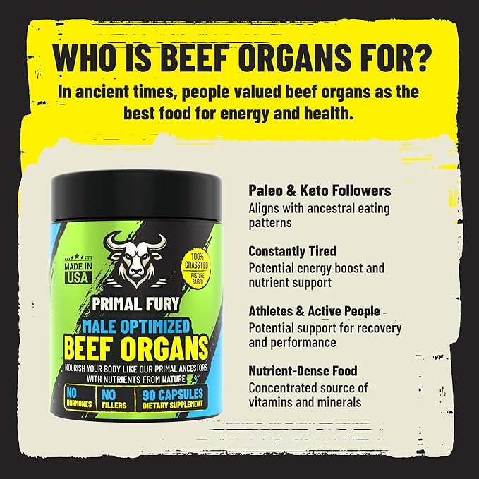 Grass Fed Beef Organ Supplement for Men - Male Optimization Pills - 6 Vital Beef Organs to Drive Prostate Health & Peak Performance, Made in USA, 90 Capsules (2 Pack)