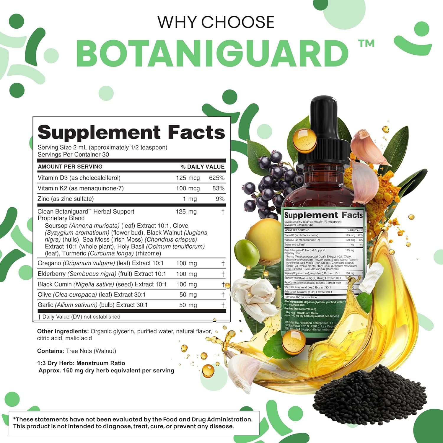 Clean Nutra Oil of Oregano Drops Black Seed Oil Elderberry Vitamin D D3 K2 Olive Garlic Immune Support Supplement Wellness Formula Zinc Supplements Liquid 2 Fl Oz BotaniGuard Vegan, Non-GMO