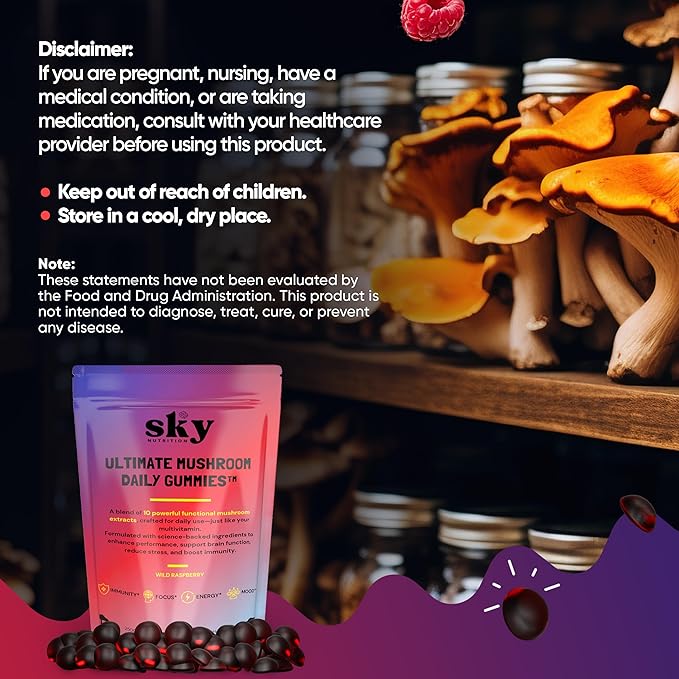 Mushroom Gummies - 10-in-1 Adaptogenic Mushroom Supplement for Adults - Lions Mane, Reishi, Cordyceps, Chaga, Turkey Tail - Raspberry Flavored Vegan Gummies for Focus & Energy - 60 Ct.