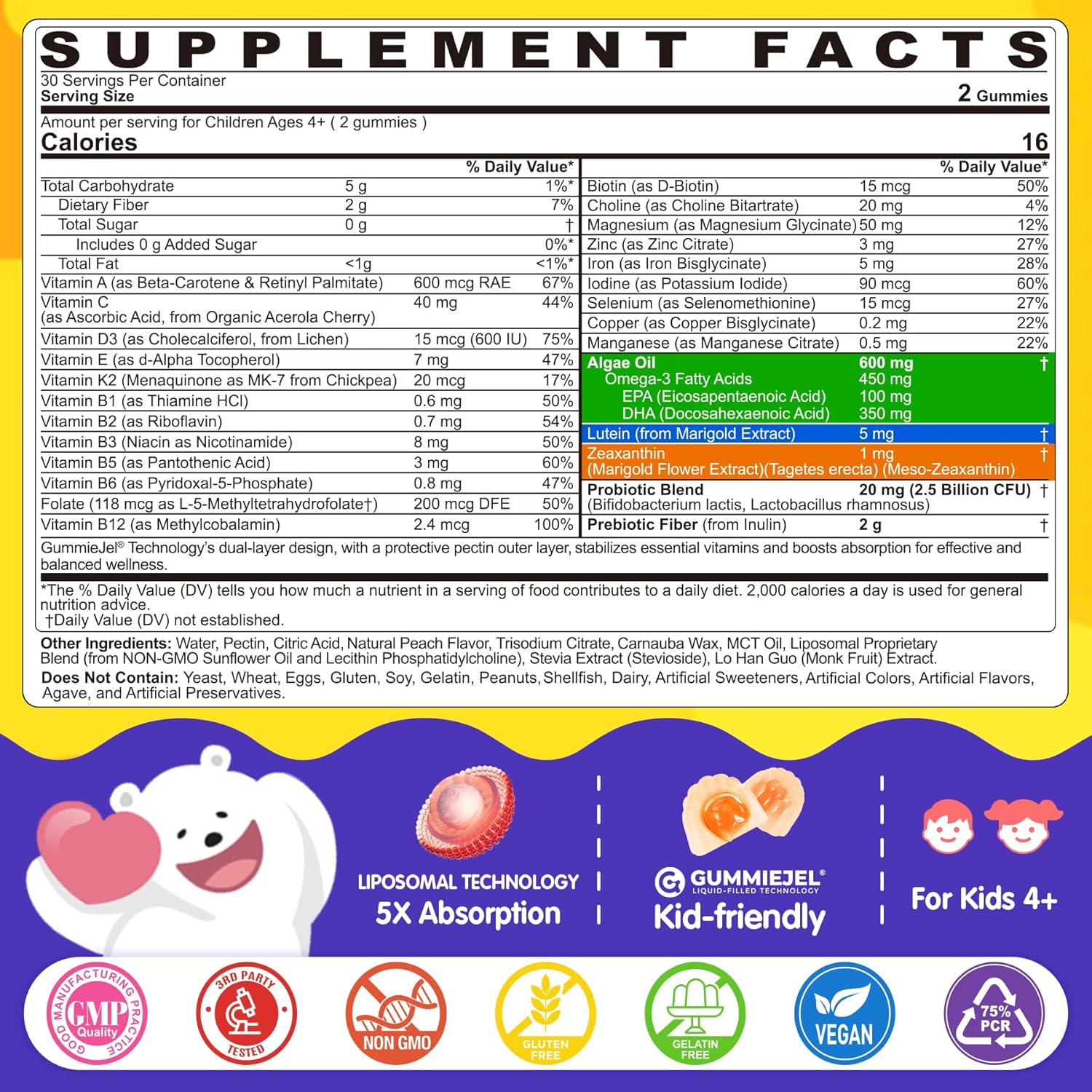 Kids Multivitamin Gummies with Omega-3 (DHA & EPA), Liposomal Multivitamin for Kids 4+ w/Vitamin D3, K2, Methylated B12, Folate, C, Probiotics, Lutein & Zeaxanthin for Brain, Immunity, Gut, Eye, 60Cts