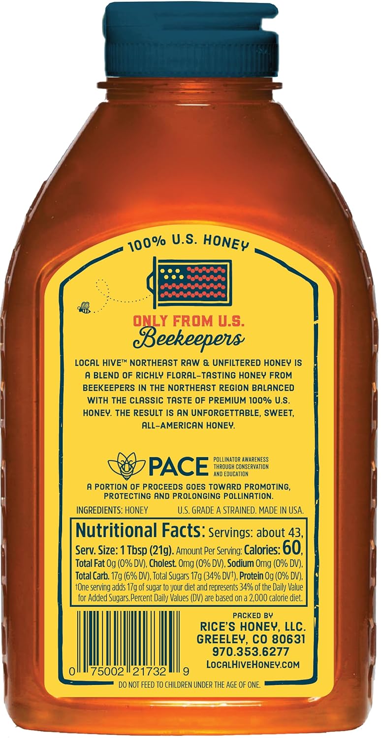 Local Hive Northeast Raw & Unfiltered – 32 oz | 100% Pure U.S. Honey | Natural Sweetener Sourced from American Bees & Beekeepers | Richly Floral Flavor | Ideal for Tea, Baking & Cooking