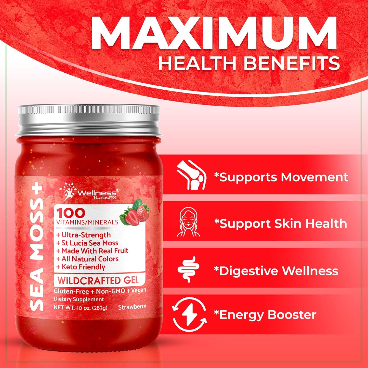 Irish Sea Moss Gel Raw - Wildcrafted Superfood Seamoss Gel - Strawberry Flavor, Vitamin and Mineral-Rich from Pristine Caribbean Waters, Immune and Digestive Health Support - 10 oz.