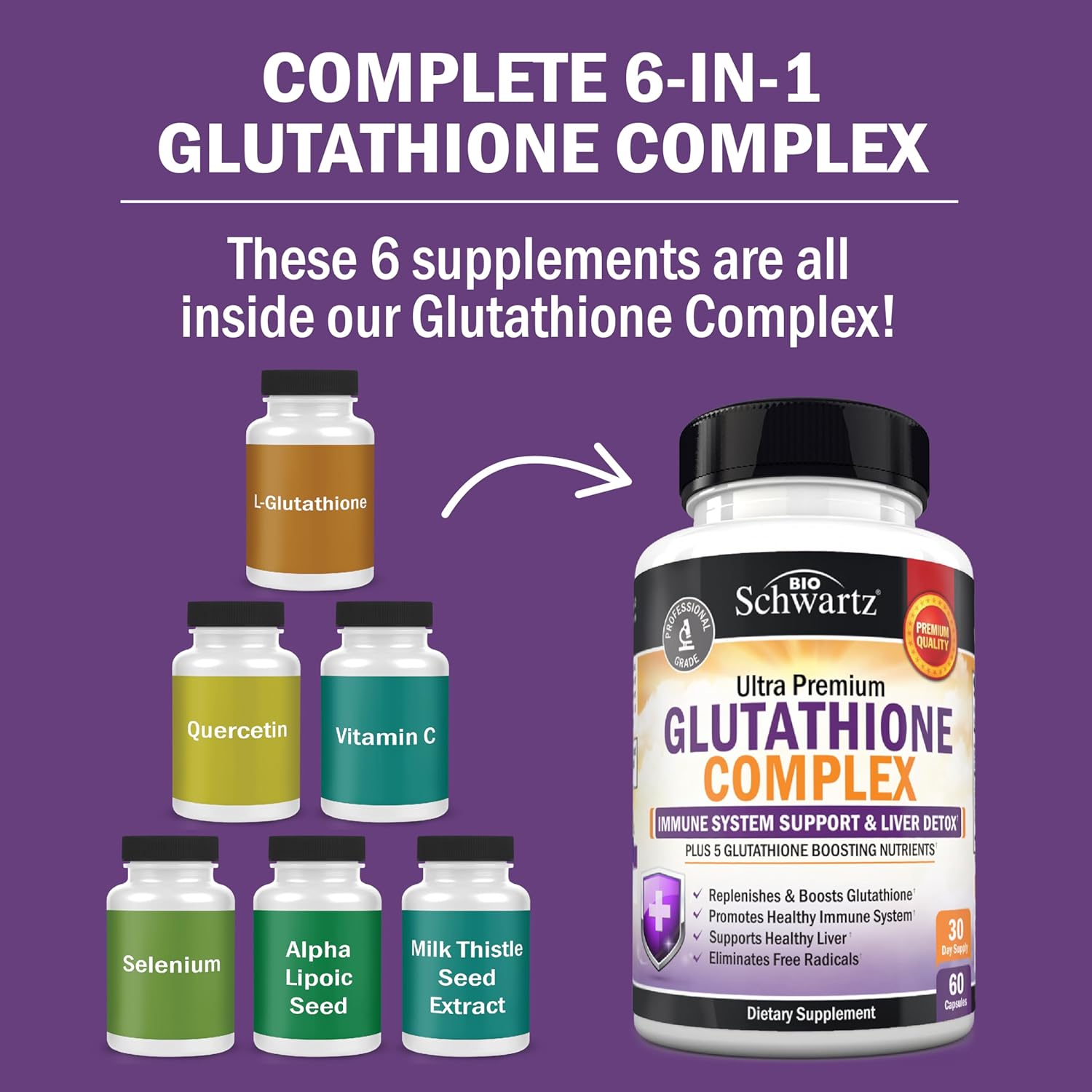 BioSchwartz Glutathione Supplement Liver Detox with Quercetin Vitamin C Milk Thistle Alpha Lipoic Acid - Liver Supplement Immune Support Pills - Immunity Defense Health Formula and Cleanse 500mg 60ct
