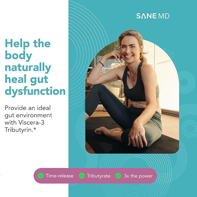 SANE MD - Viscera 3 Postbiotics with Tributyrin - Sodium Butyrate Supplement for Gas and Bloating Relief - Gut Health - IBS & Leaky Gut Butyric Acid Supplement - NSF Certified - 30 Capsules