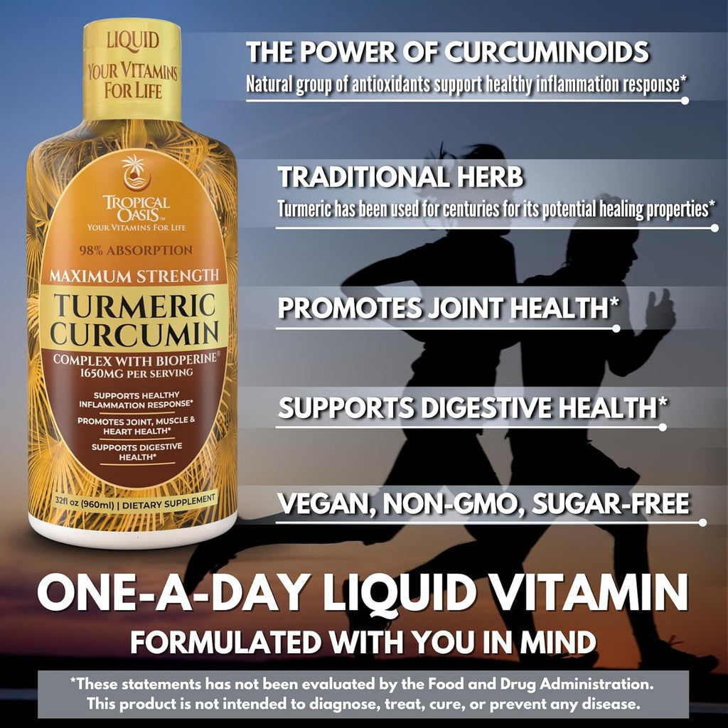 Tropical Oasis Liquid Turmeric Curcumin w/Bioperine - 1650mg Maximum Strength Turmeric Supplement with Black Pepper & Vitamin C - 98% Absorption Rate - 32oz