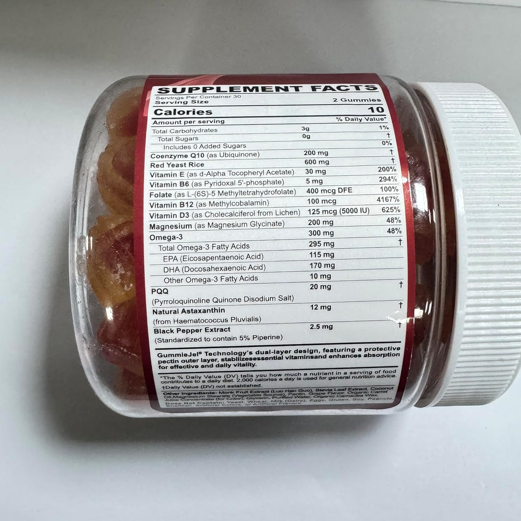 CoQ10 Gummies 100mg/200mg for Adults, Plus Red Rice Yeast, Omega 3, PQQ, Magnesium, Astaxanthin, Methyl Vitamins B9 & B12, Ultra High Absorption CoQ10 Supplement for Energy, Brain, Antioxidant, 1pack
