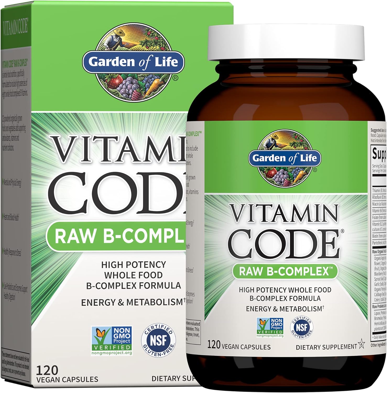 Garden of Life Vitamin B Complex, 120 Vegan Capsules, High Potency Vitamins for Energy & Metabolism with B6, Folate & B12 as Methylcobalamin Plus Probiotics