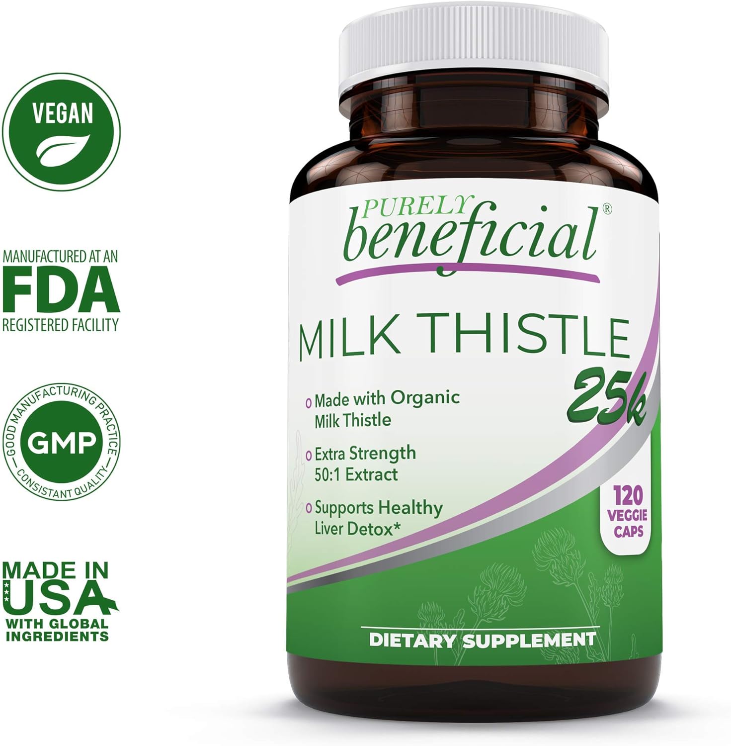 PURELY beneficial Organic Milk Thistle Capsules, 50:1 Milk Thistle Extract, Silybum Marianum 25000 mg Strength, Liver Cleanse & Antioxidant Support, 120 Veg Capsules, Vegan & Non-GMO