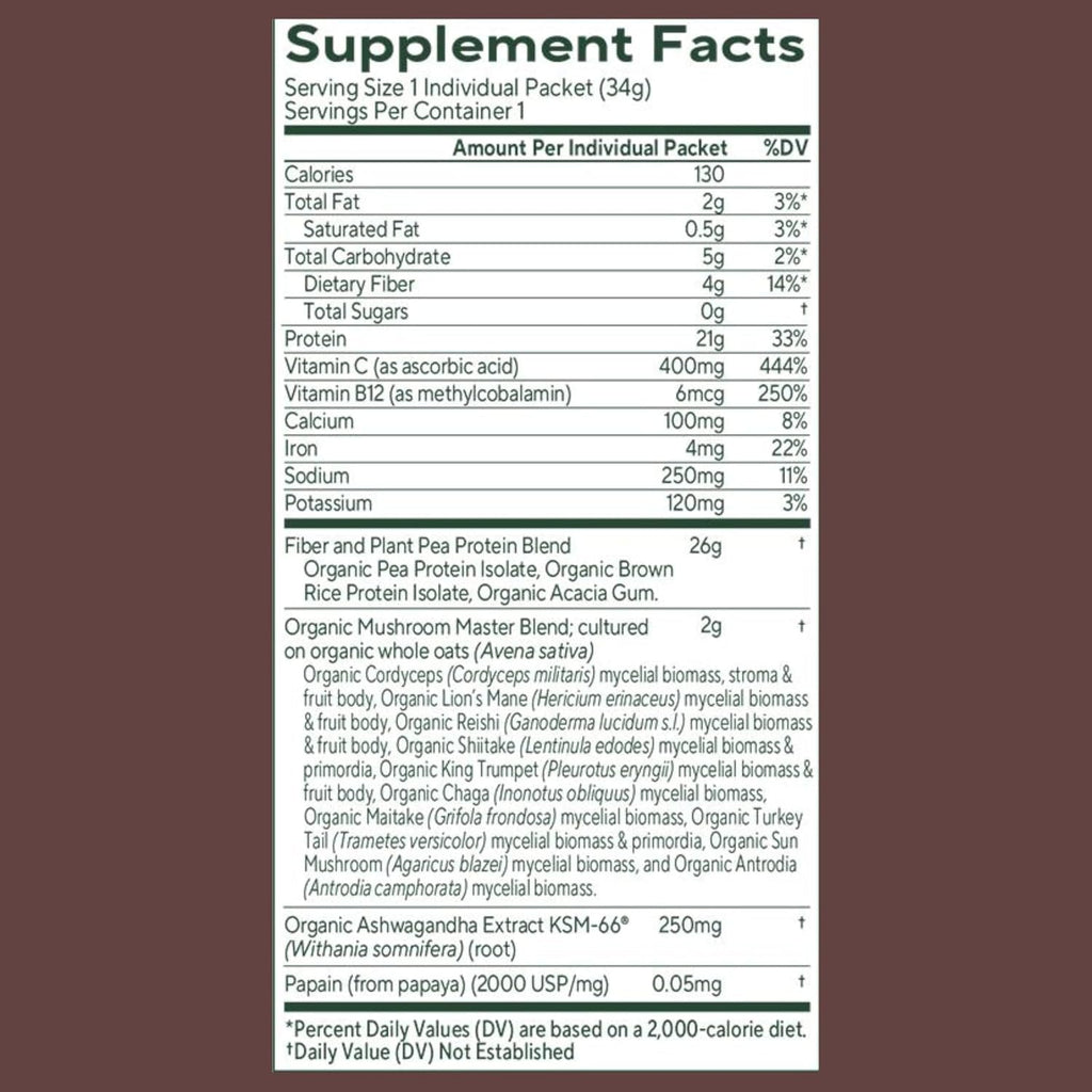 OM MUSHROOM SUPERFOOD Master Blend Mushrooms & Adaptogens, Creamy Chocolate Plant Protein, Single Serve, 10 Count, 10 Mushroom Complex, Lion's Mane, Ashwagandha, Stress Relief, GLP-1 Support