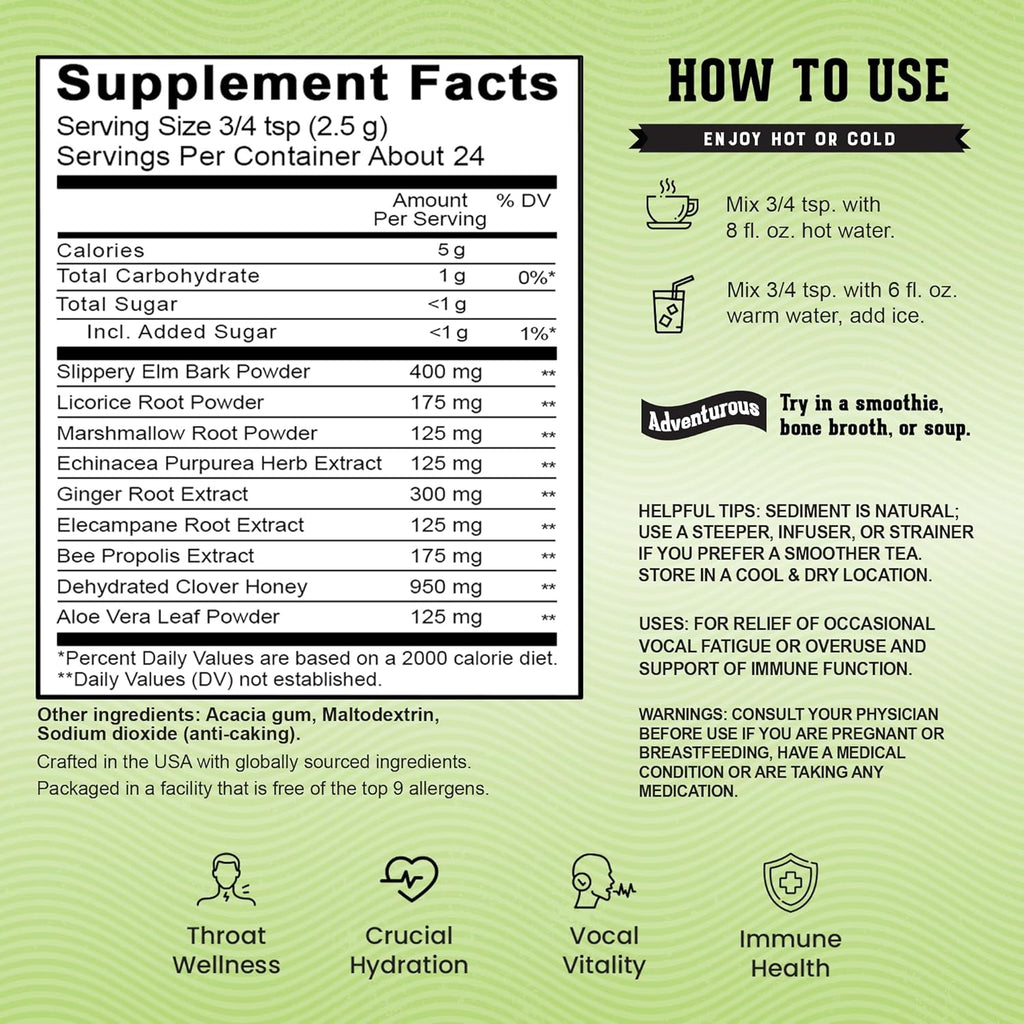 Vocal Eze Herbal Throat Coat Tea | 24 Servings | 9 Botanical Voice Soothing Ingredients | Ginger Flavor with Slippery Elm, and Propolis Powder Blend | Voice, Cough and Respiratory Support | 60 g