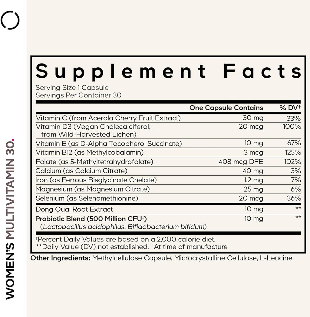 Codeage Women’s Multivitamin - Vitamins A, C, D3, E, B6, B12, Folate, Calcium, Magnesium, Iron, Dong Quai, Probiotics - 1 Capsule Per Serving - Daily Vitamin Pills for Women - Non-GMO - 30 Capsules
