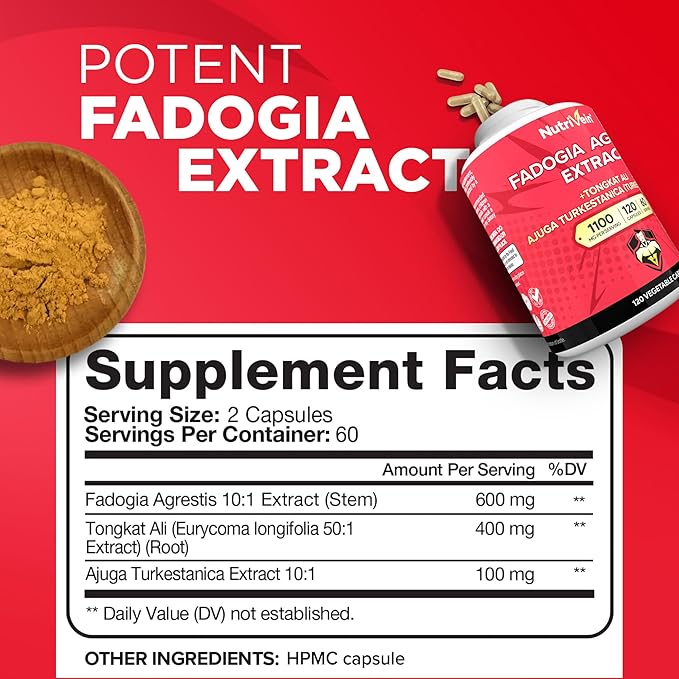 Nutrivein Premium Fadogia Agrestis and Tongkat Ali Supplement with Turkesterone - 1100 mg - 120 Caps - Synergistic Blend for Performance, Strength, & Recovery for Men & Women of All Ages